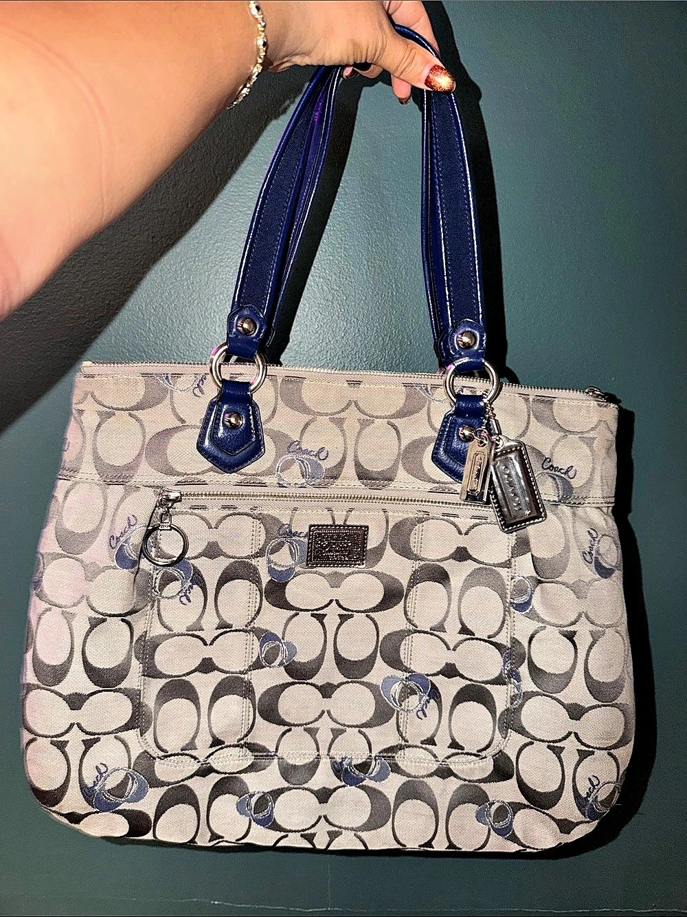 Coach Op Art Signature East-West Tote Blue & White